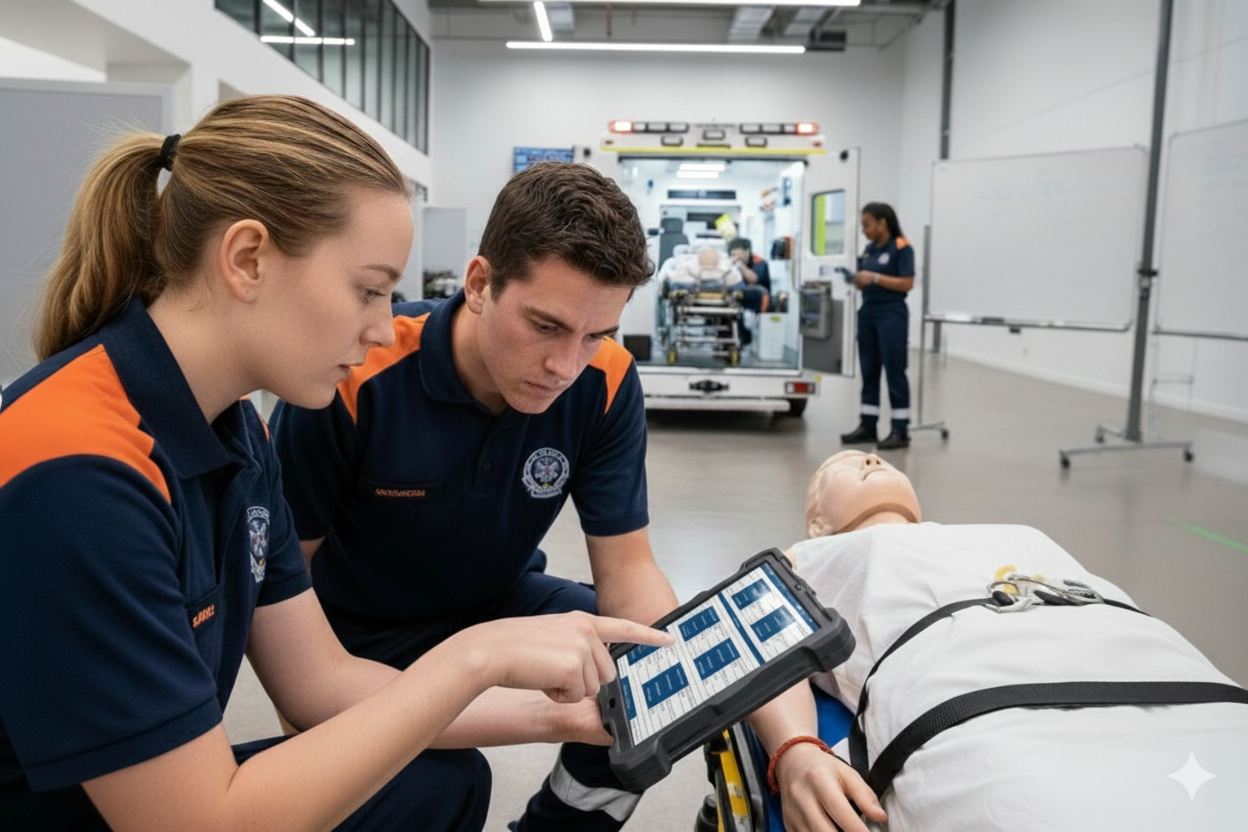 Paramedic students using SimKlar on tablet during training